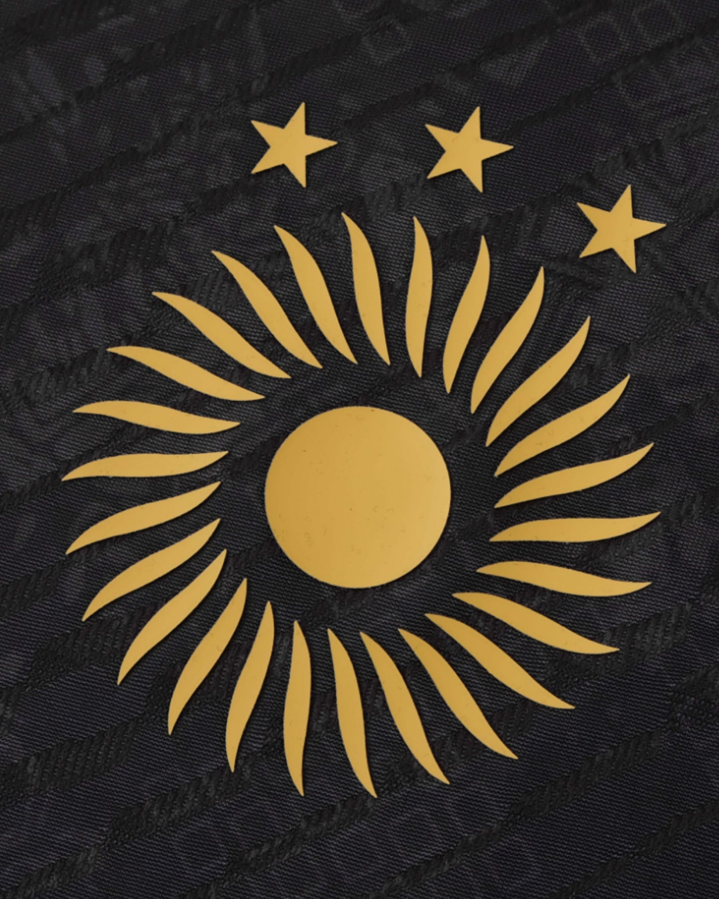 Argentina Messi La Pulga football jersey 2024 close-up of gold sunburst and three gold stars