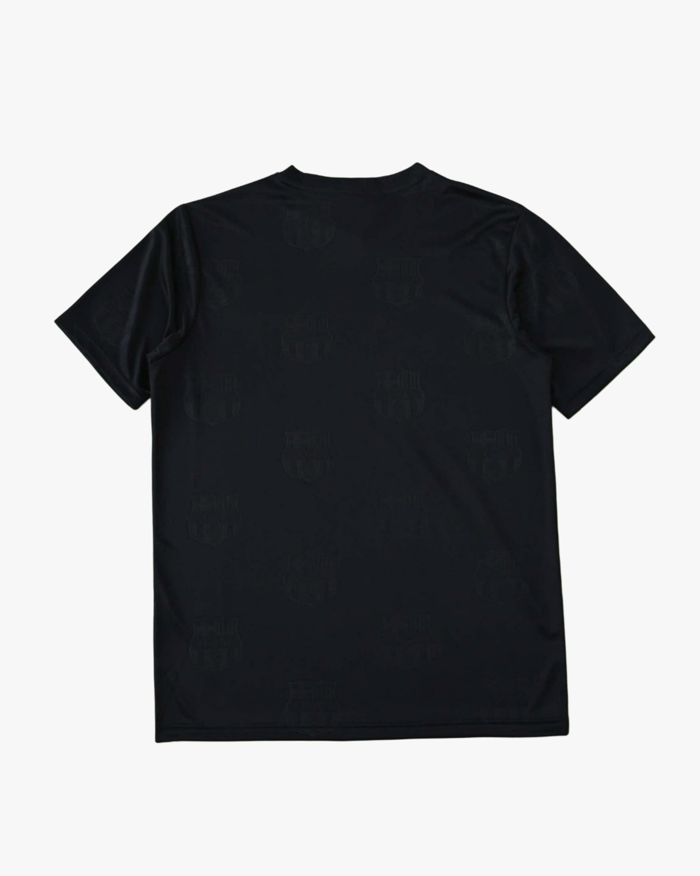 Black t-shirt with embossed Barcelona crest pattern.