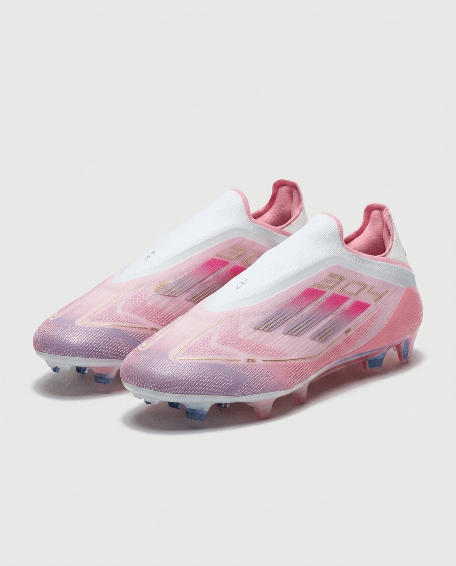 adidas F50 Elite Laceless Lamine Yamal LY304 football boots 2025 rear heel view in white and pink