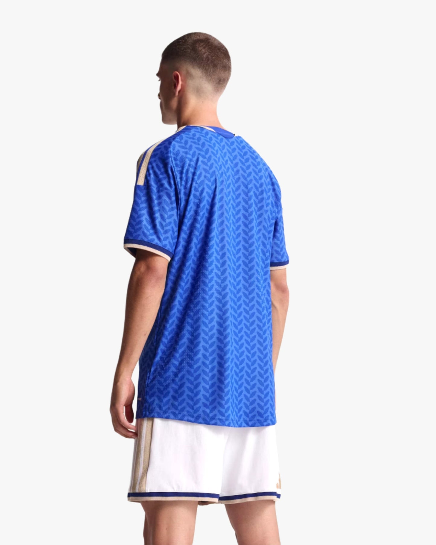 Back view of man in blue Italy home football jersey 2026 World Cup