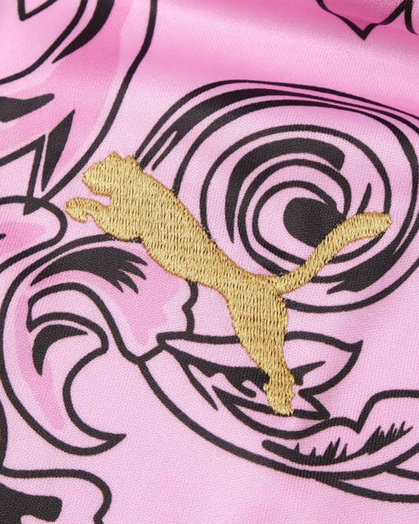 Gold Puma logo on pink Italy x Versace football jersey with black baroque pattern