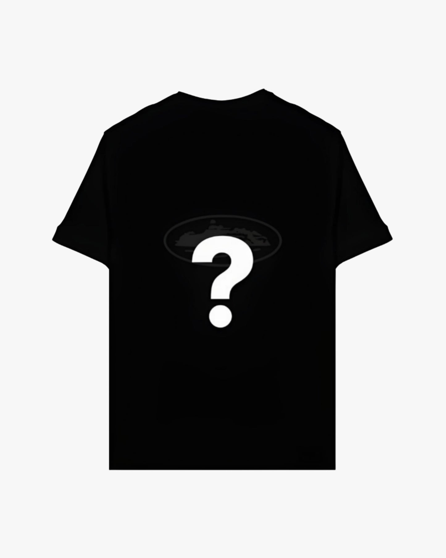 Black Mystery Jersey anime concept football tee with white question-mark and oval island print on the back