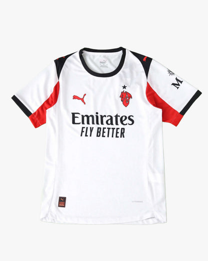 AC Milan 2025/26 away jersey in white with red and black accents and sponsor logos.