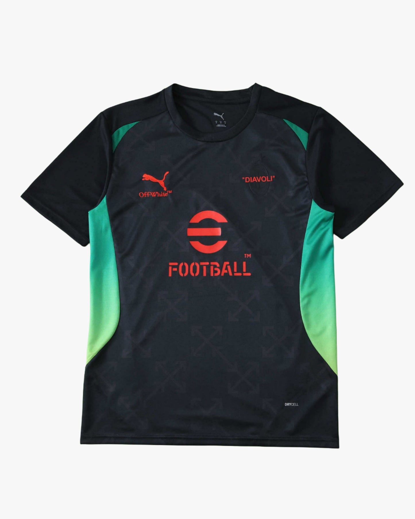 Black AC Milan x Off-White pre-match football jersey 2024 with arrow print, lime panels and red crest