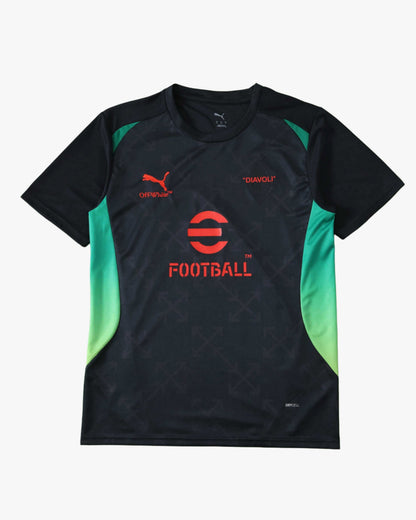 Black AC Milan x Off-White pre-match football jersey 2024 with arrow print, lime panels and red crest