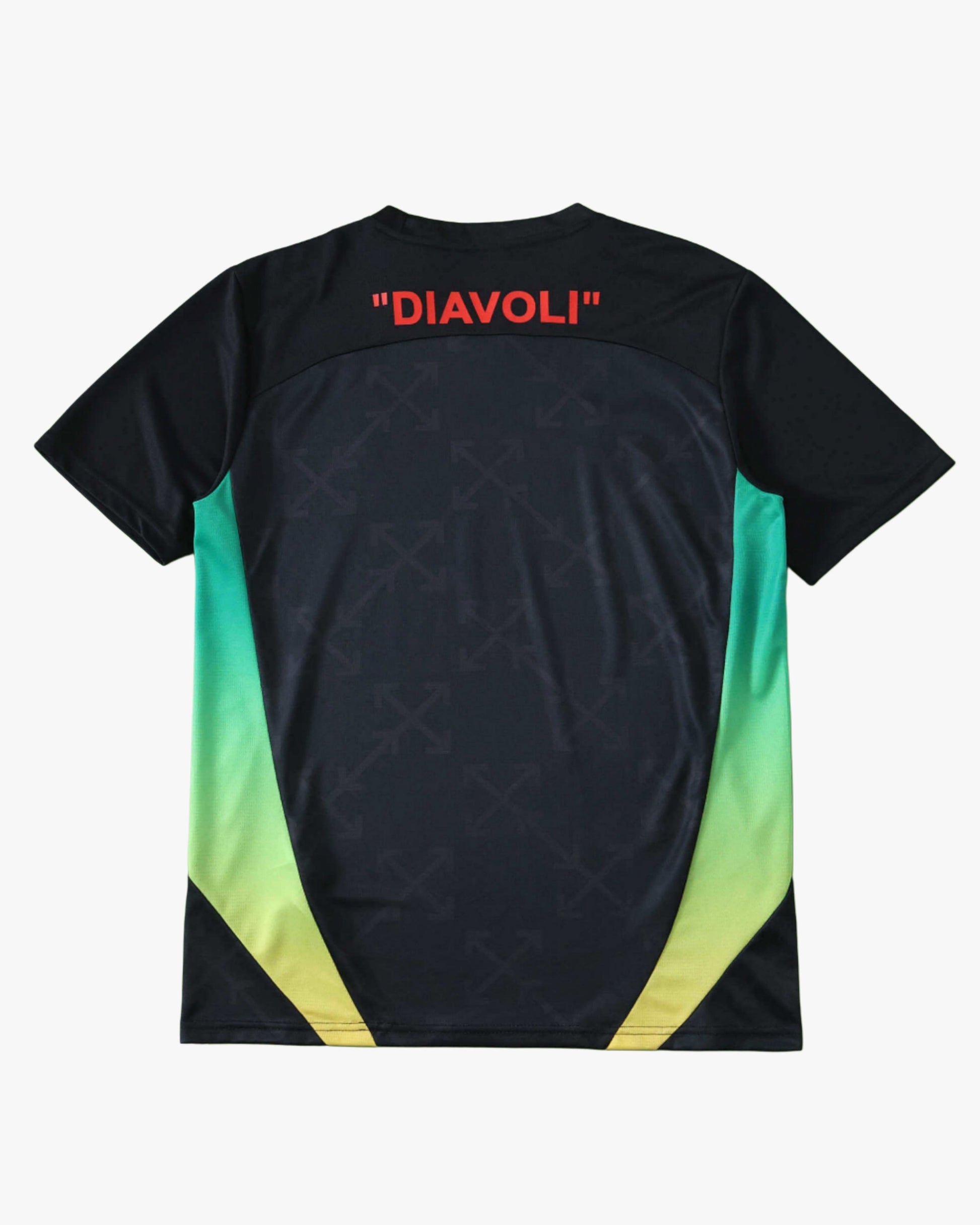 AC Milan x Off-White football jersey back with red Diavoli text and green-yellow side panels