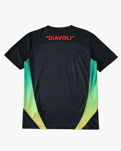 AC Milan x Off-White football jersey back with red Diavoli text and green-yellow side panels