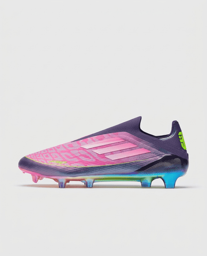 adidas F50 Elite Laceless Lamine Yamal football boots 2025 side profile showing purple Fibertouch upper and white stripes