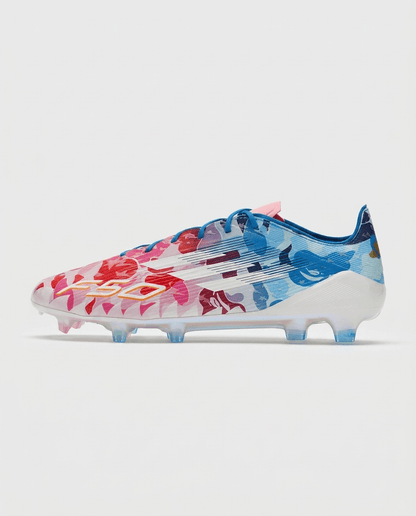 adidas F50 Elite x BAPE FG football boots side profile showing pink blue camo and three stripes