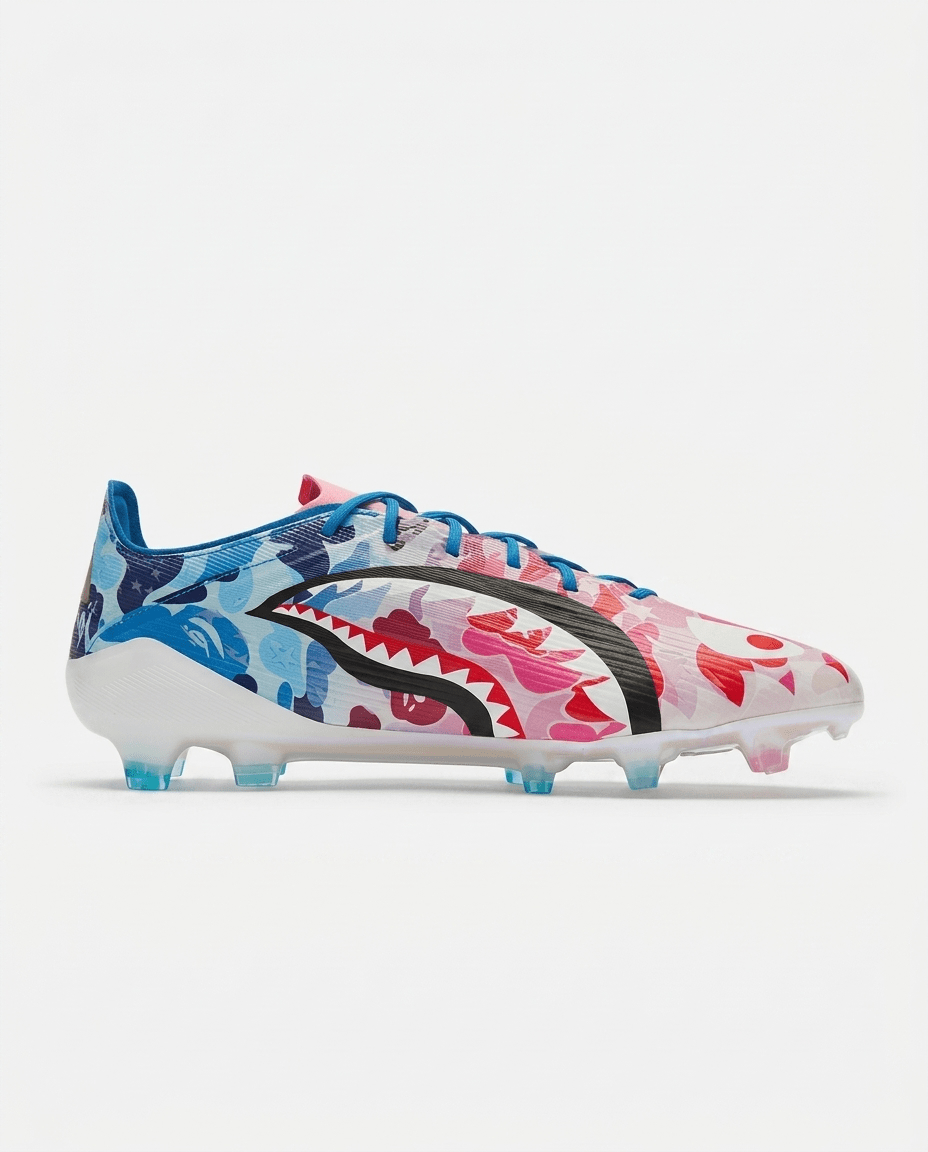 adidas F50 Elite x BAPE FG football boots heel view with BAPE camo detail on white upper
