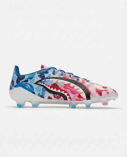 adidas F50 Elite x BAPE FG football boots heel view with BAPE camo detail on white upper