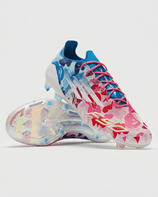White adidas F50 Elite x BAPE FG football boots with pink and blue ape-camo print and iridescent soleplate