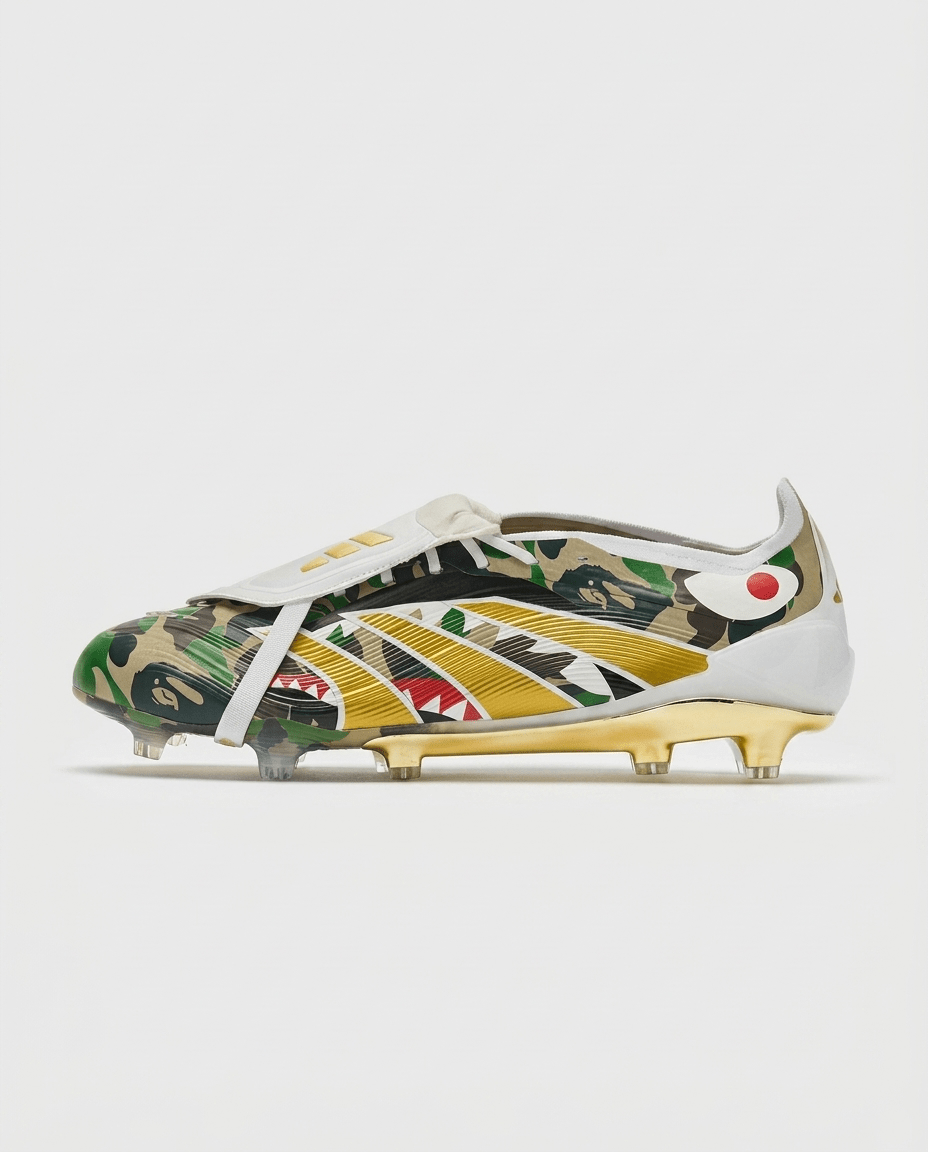 adidas Predator Elite Tongue x BAPE FG football boots side view showing green camo and fold-over tongue