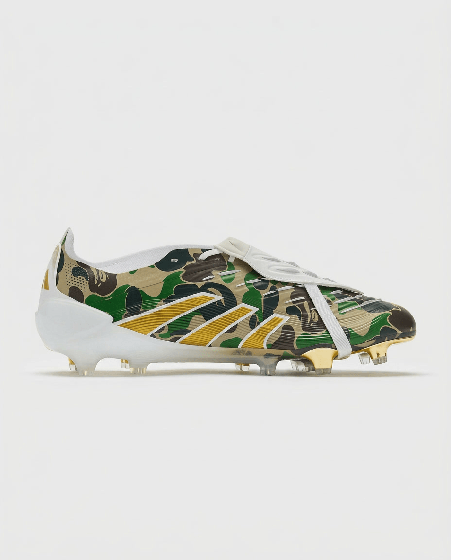 adidas Predator Elite Tongue x BAPE FG football boots heel detail with gold accents on white upper