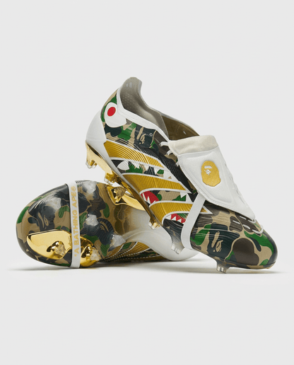 White adidas Predator Elite Tongue x BAPE FG football boots with green ape-camo print and gold accents
