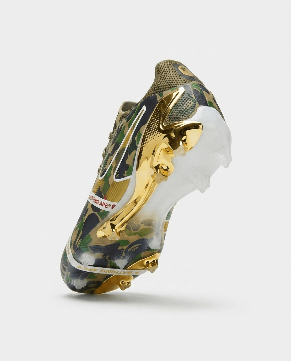 adidas Predator Elite Tongue x BAPE FG football boots top view of green camo upper