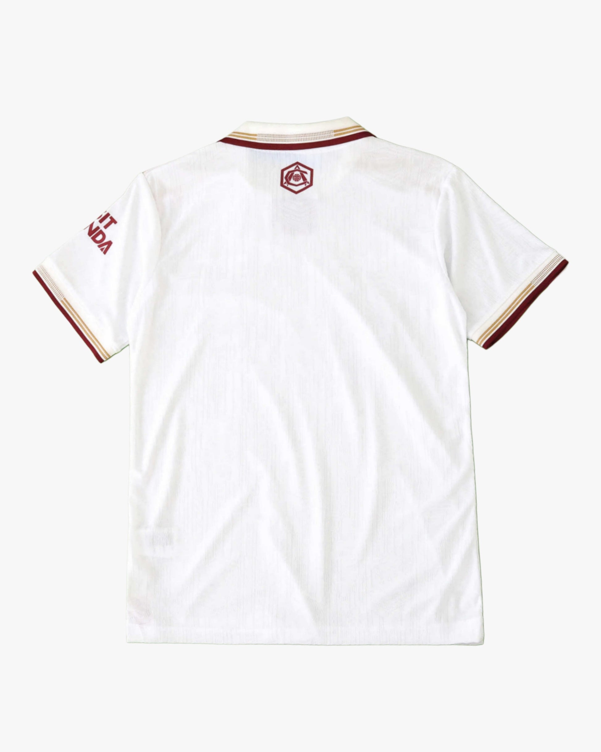 White Arsenal third kit 2025/26 jersey with maroon and gold trim.