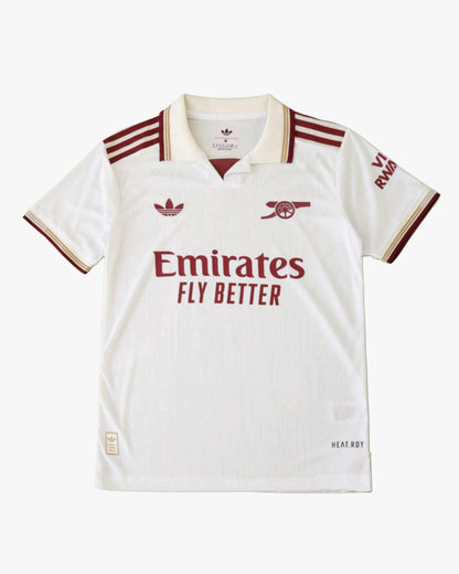 White Arsenal football jersey with maroon and gold accents.