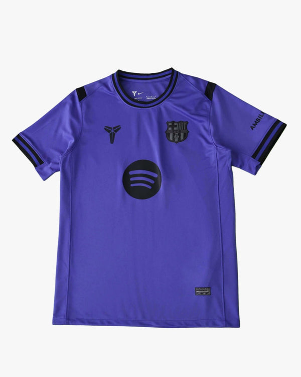 Purple FC Barcelona training jersey with black accents and logos.