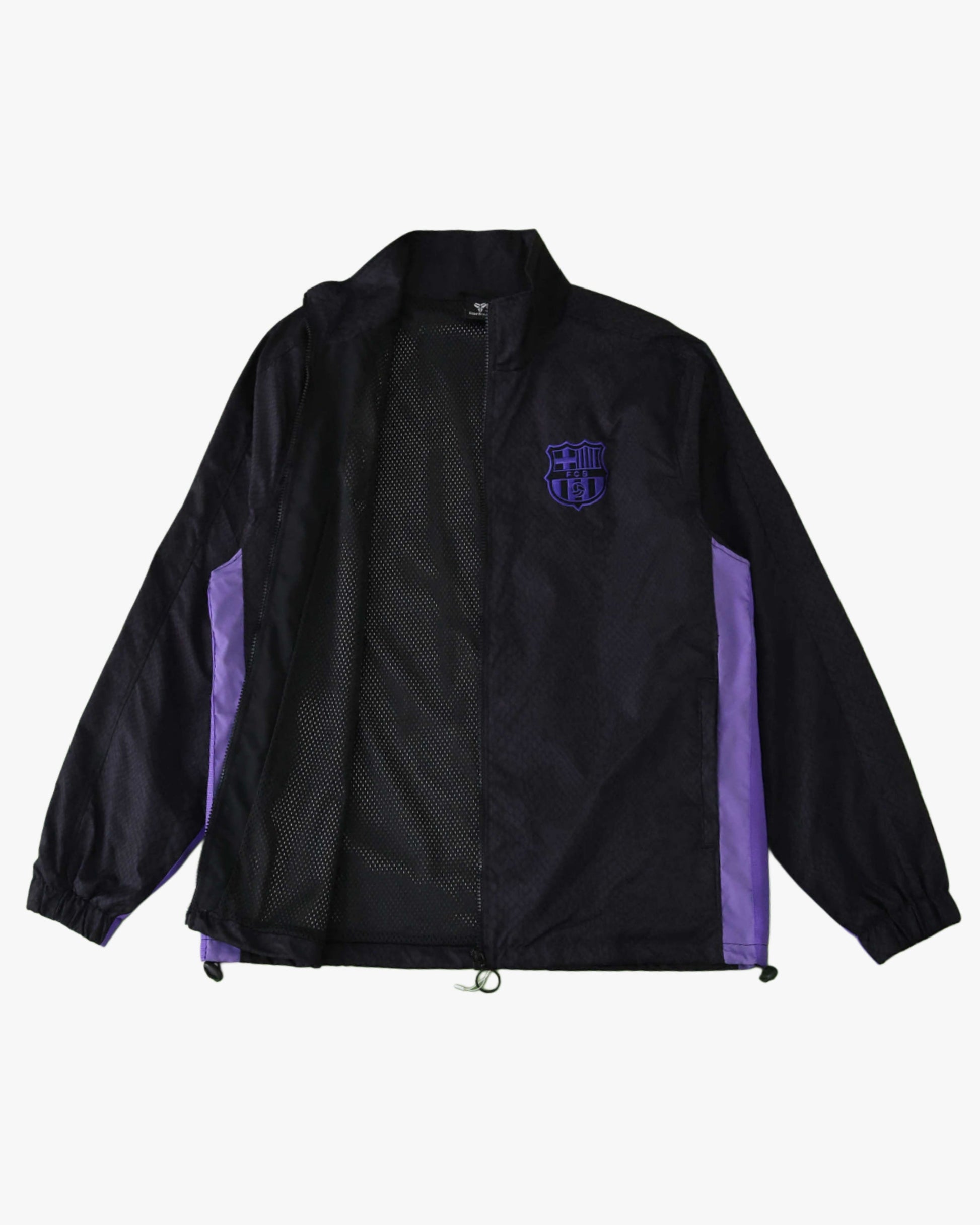 Black and purple Footxo Barcelona training windbreaker with crest logo.
