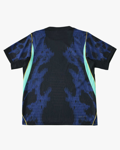Brazil Away football jersey 2026 World Cup angled view of blue and black Jordan shirt