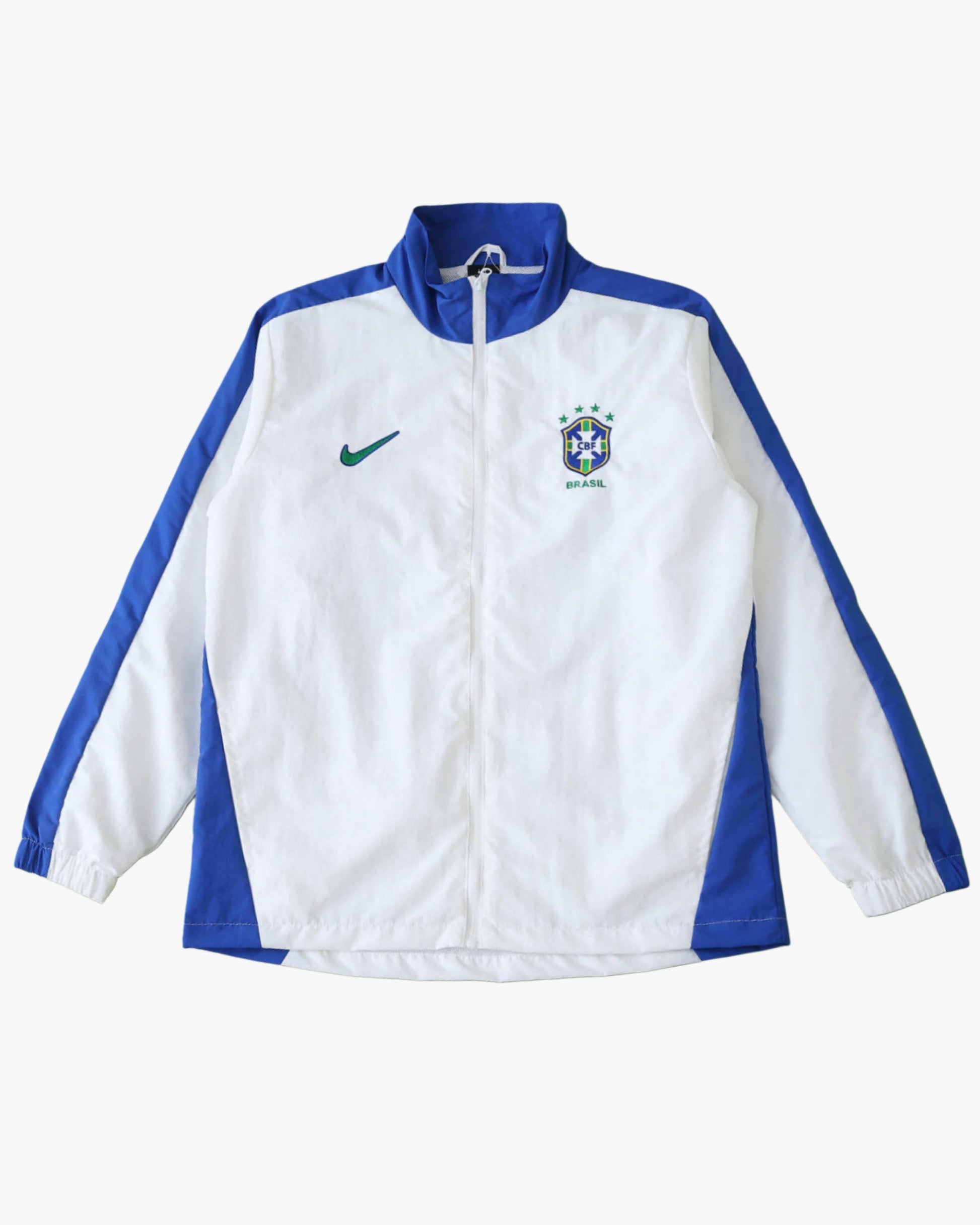 White and blue Brazil soccer windbreaker jacket with Nike and CBF logos.
