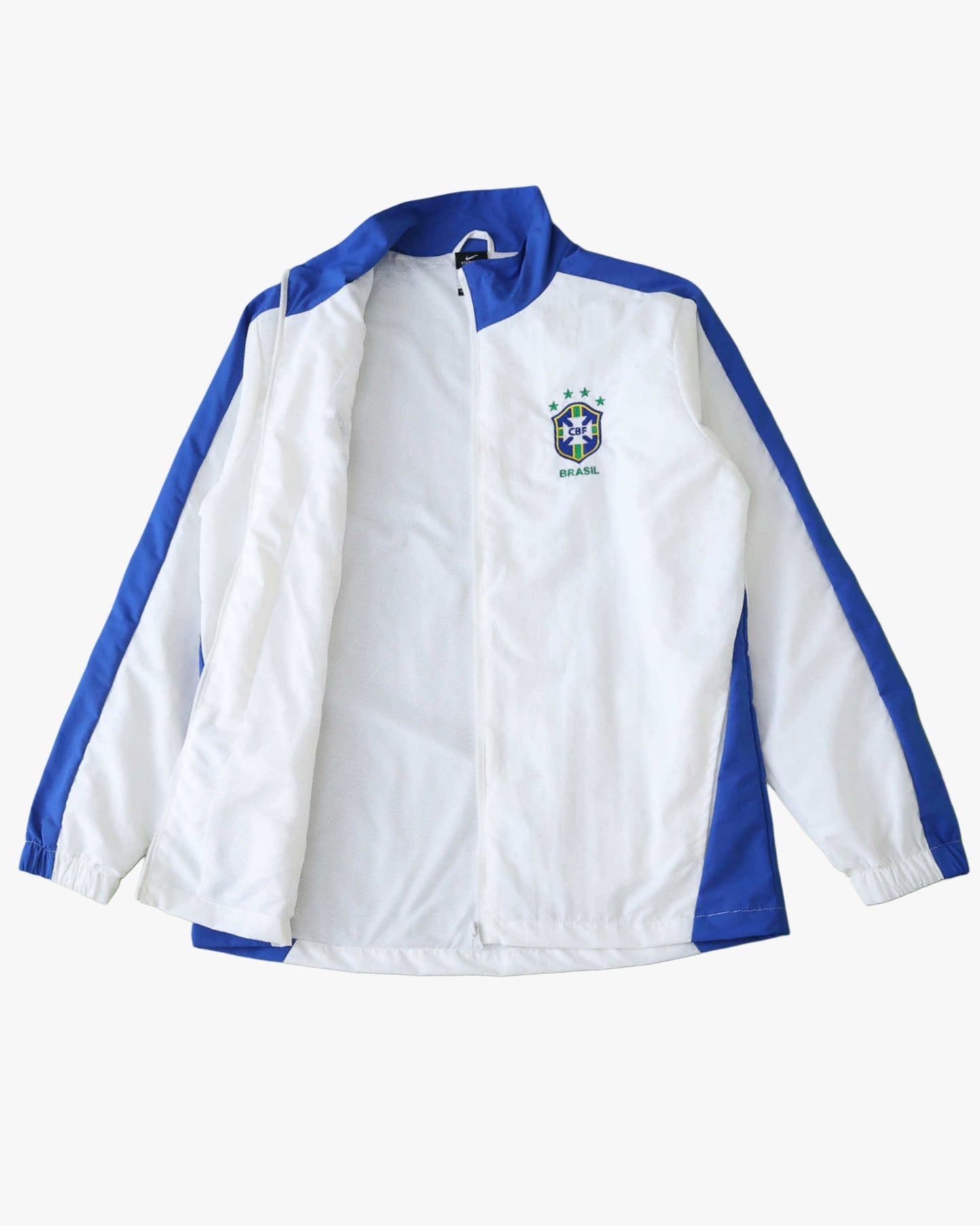 White and blue Brazil soccer windbreaker jacket with CBF logo.