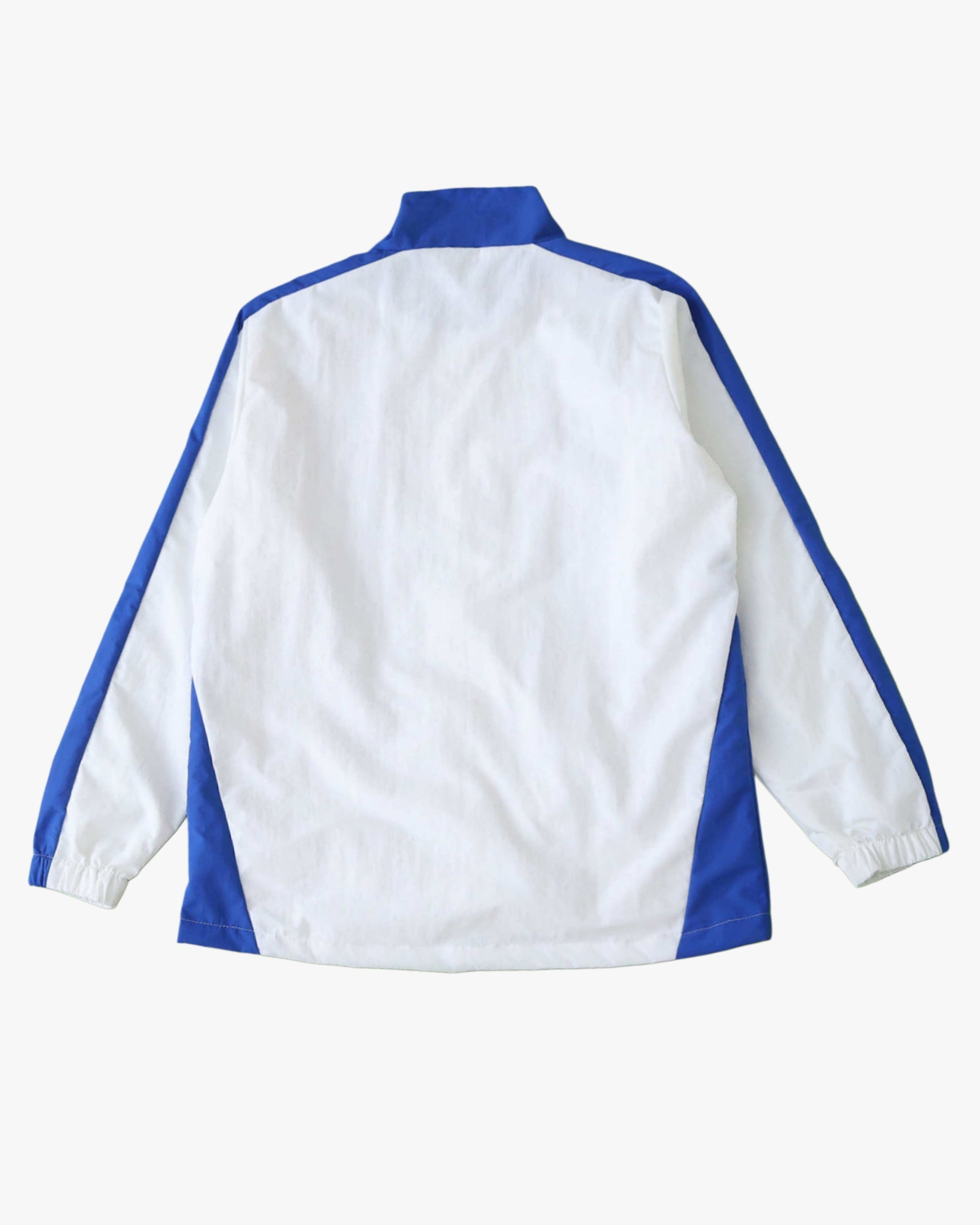 White and blue Brazil 1998/99 retro soccer windbreaker jacket, back view.