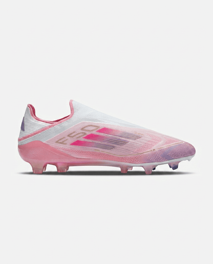adidas F50 Elite Laceless Lamine Yamal LY304 football boots 2025 close-up of laceless white and pink upper