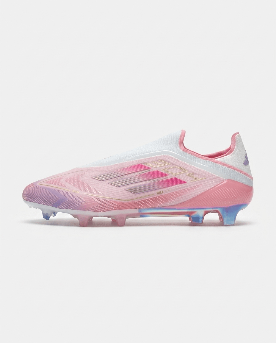 adidas F50 Elite Laceless Lamine Yamal LY304 football boots 2025 side view of pink gradient upper