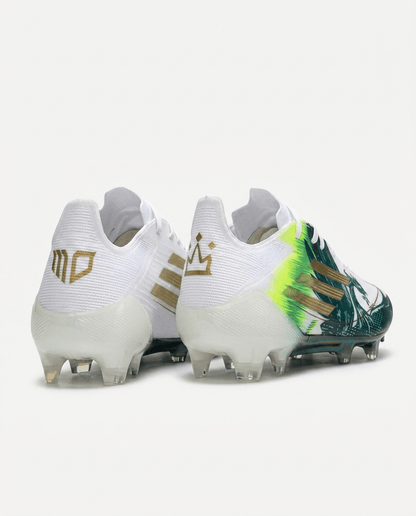 Rear view of white and green F50 Elite FG Mo Salah Top Scorer Edition soccer cleats with gold logos.