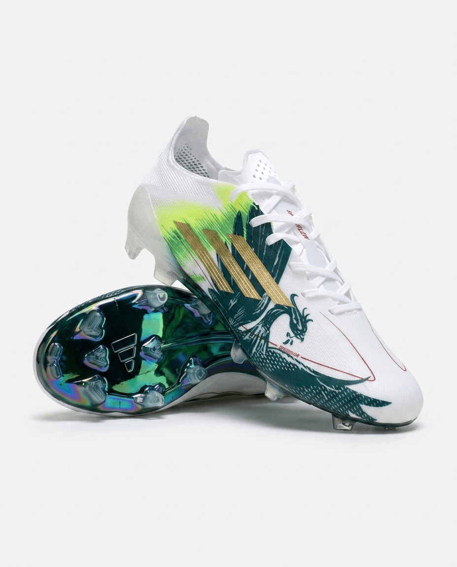 F50 Elite FG Mo Salah Top Scorer Edition soccer cleats in white with green and gold dragon graphics.