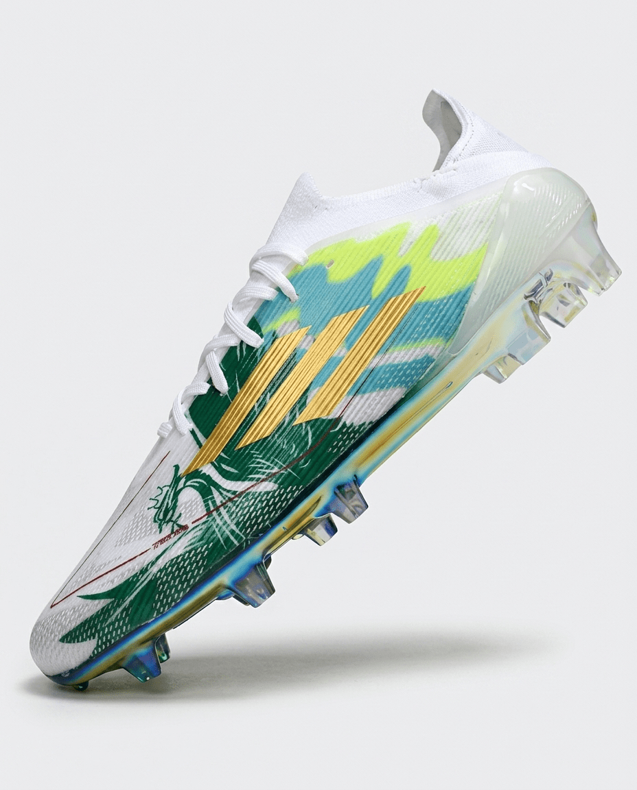 F50 Elite FG Mo Salah Top Scorer Edition soccer cleat in white with green and gold dragon graphics.