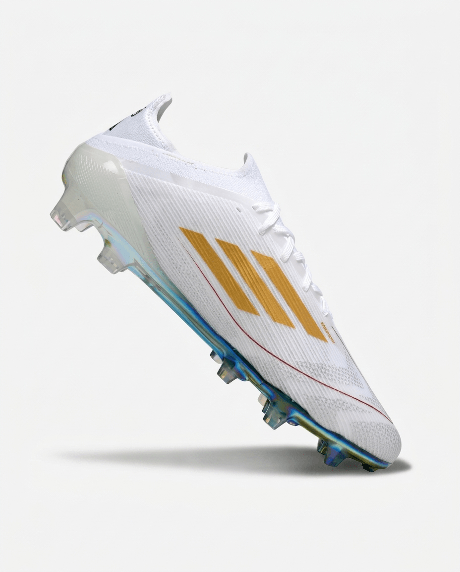 F50 Elite FG Mo Salah Top Scorer Edition soccer cleat in white with gold stripes and blue soleplate.