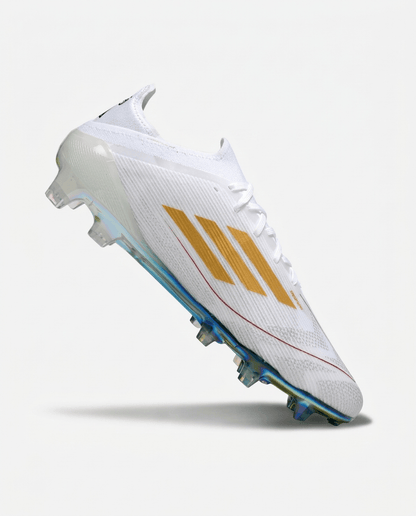 F50 Elite FG Mo Salah Top Scorer Edition soccer cleat in white with gold stripes and blue soleplate.