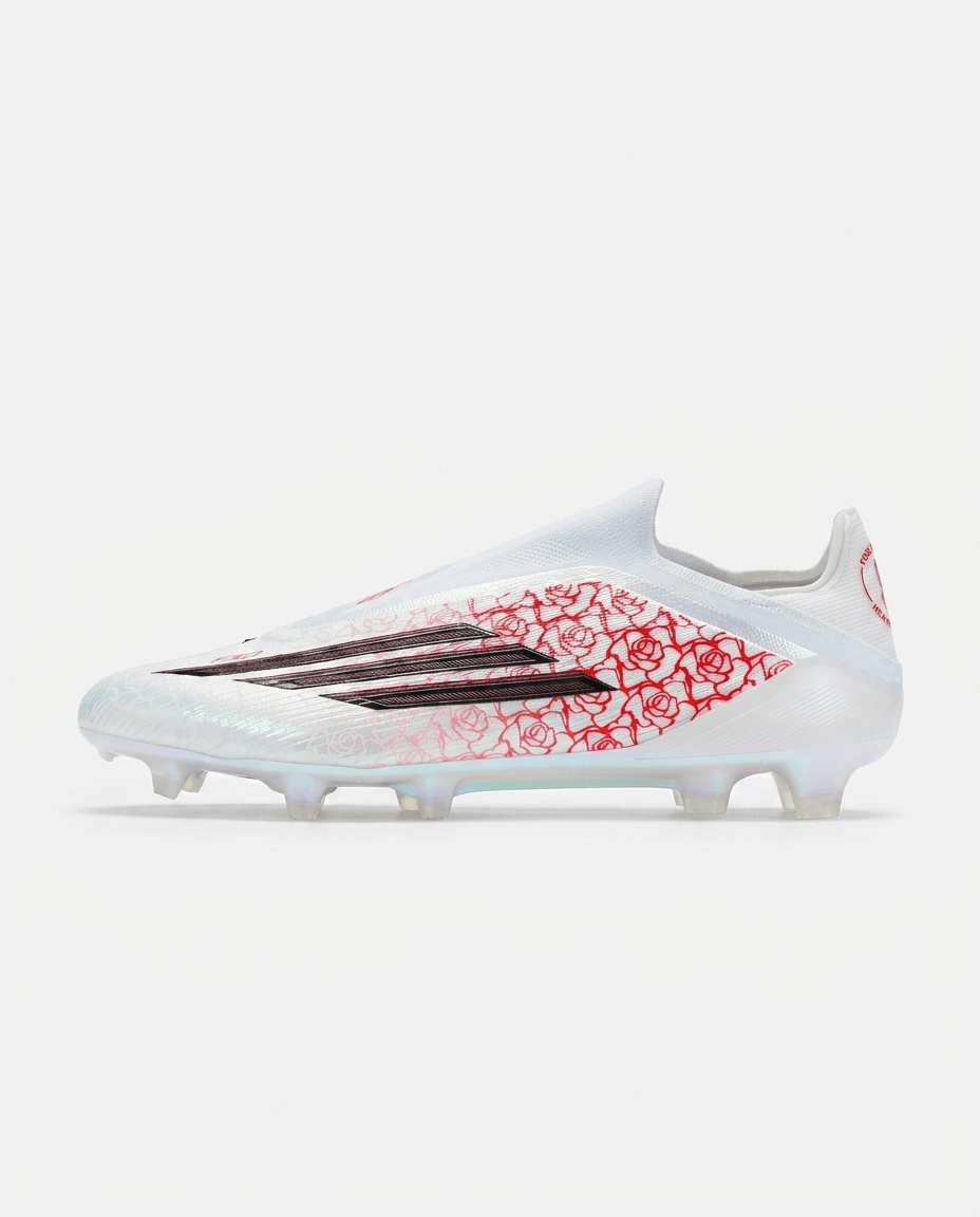 F50 Elite x Lamine Yamal Heartbreaker football boots side view showing rose print and black stripes