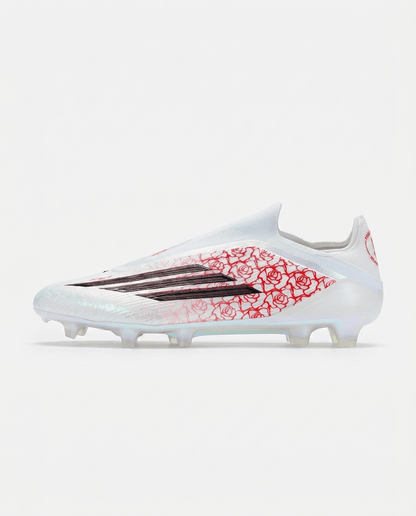 F50 Elite x Lamine Yamal Heartbreaker football boots side view showing rose print and black stripes