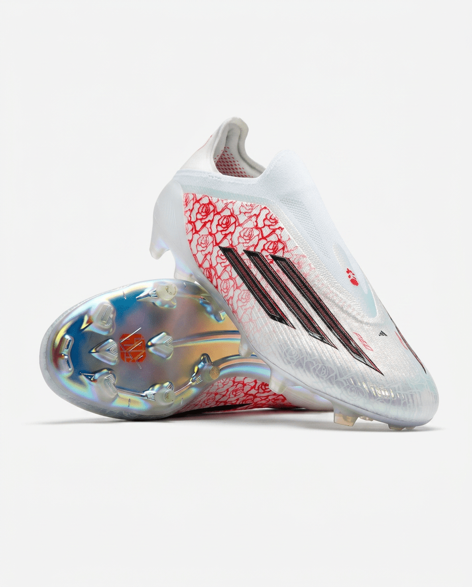 White F50 Elite x Lamine Yamal laceless FG football boots with red-and-white rose Heartbreaker graphic