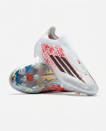White F50 Elite x Lamine Yamal laceless FG football boots with red-and-white rose Heartbreaker graphic