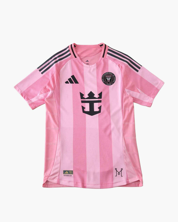 Pink Inter Miami CF home jersey with black stripes and crest.