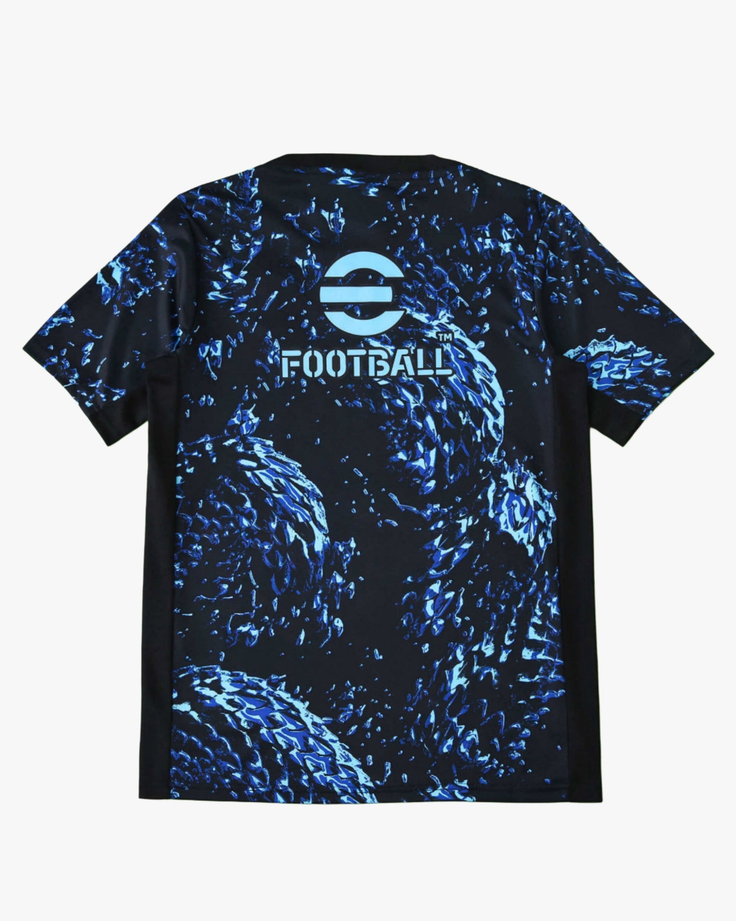 Black and blue patterned Inter Milan pre-match jersey with white logo and text.