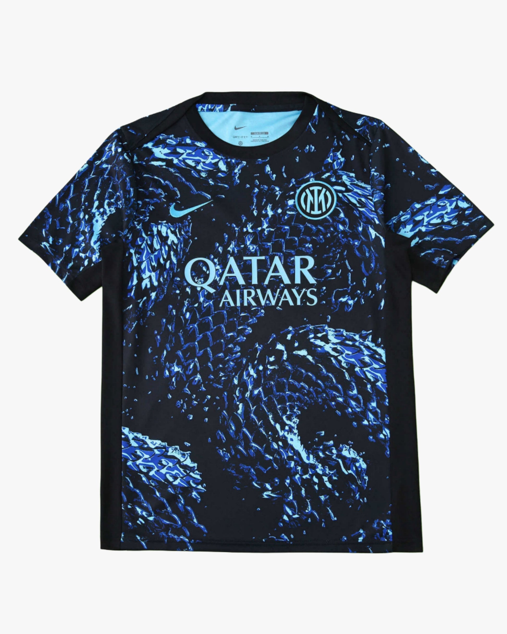 Inter Milan pre-match jersey with a black and blue abstract pattern.