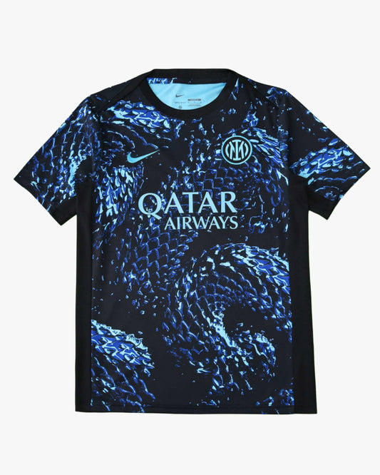 Inter Milan pre-match jersey with a black and blue abstract pattern.
