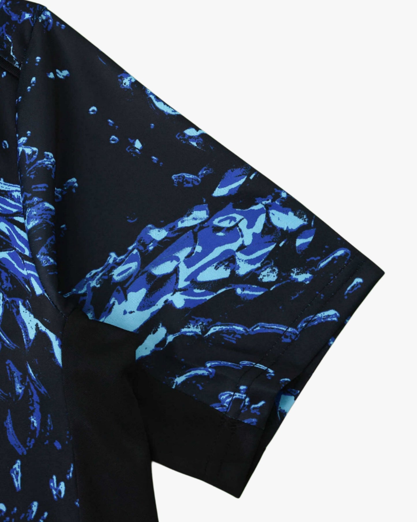 Black short-sleeved shirt with blue abstract print.