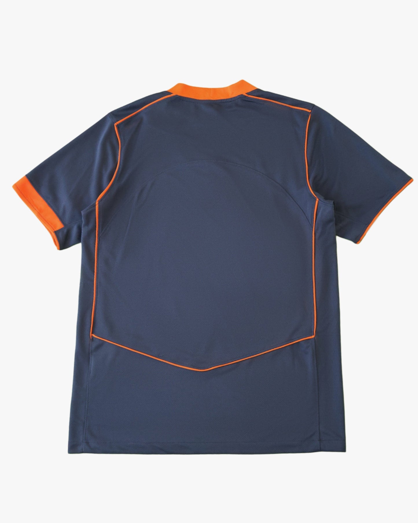 Back view of a navy blue Inter Milan football jersey with orange trim.