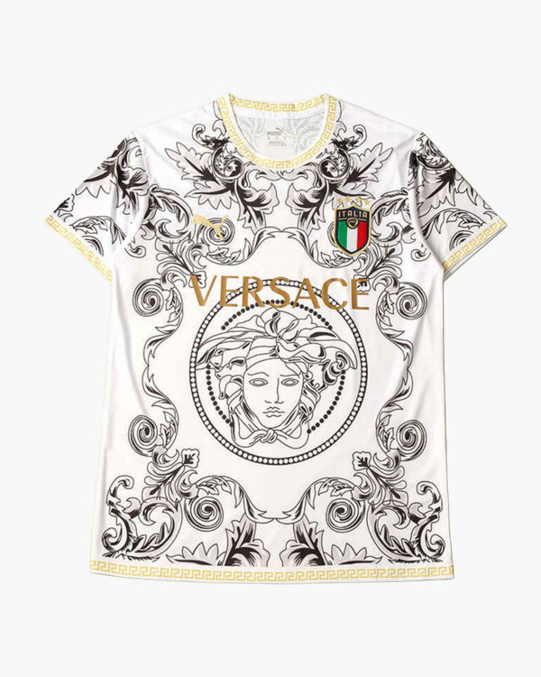 White t-shirt with Versace Medusa logo and Italian flag crest.