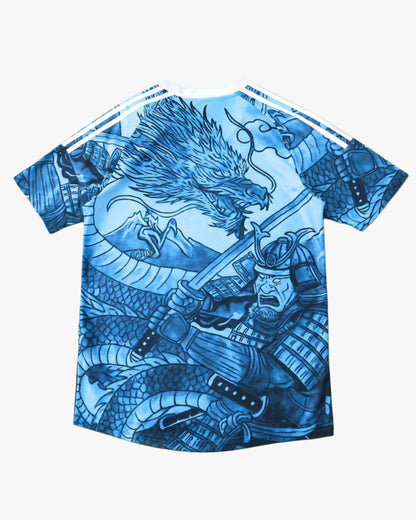 Blue football jersey with a samurai and dragon graphic.