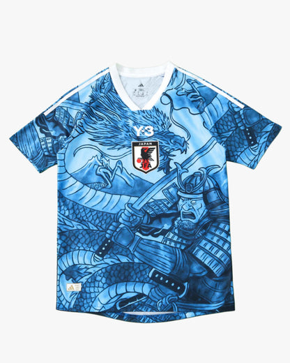 Blue football jersey with a dragon and samurai graphic.