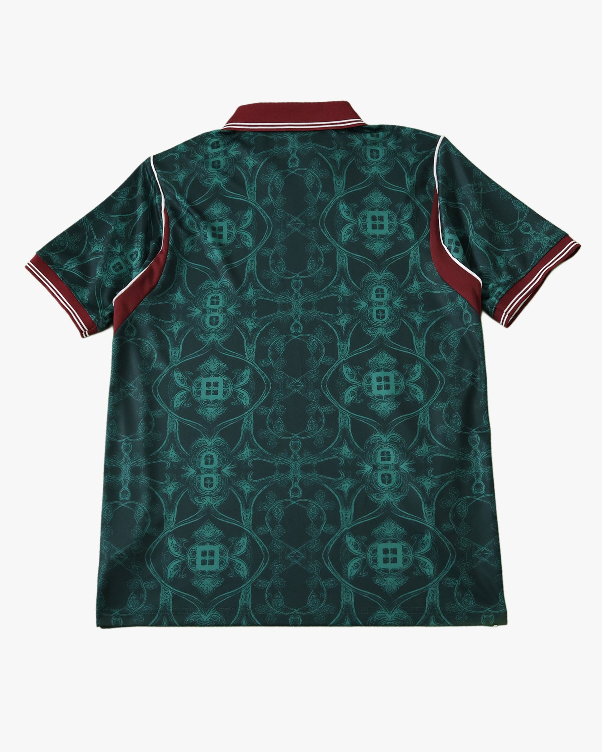 Portugal Forest Vine football jersey green back view showing teal vine damask print and burgundy cuffs