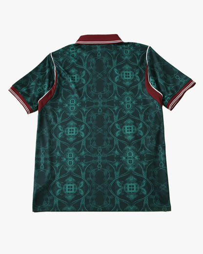 Portugal Forest Vine football jersey green back view showing teal vine damask print and burgundy cuffs